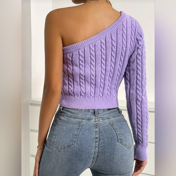 New!  One-Shoulder Cable Knit Sweater - Purple - Picture 7 of 8